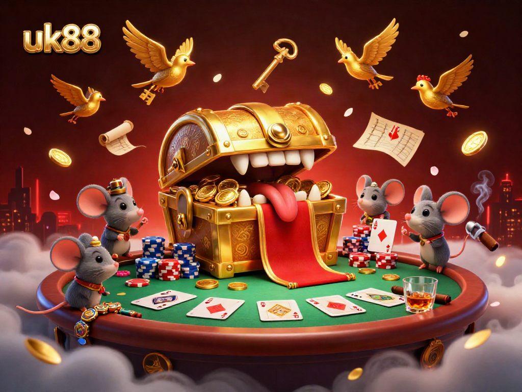 Experience excitement at uk88 with a golden treasure chest captivating adventurer mice in a vibrant poker scene.