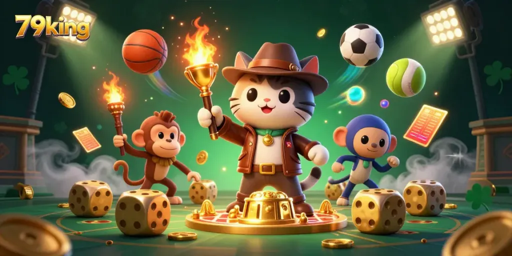 Experience the thrill of 79king with vibrant casino adventures featuring an explorer cat and dynamic game elements.