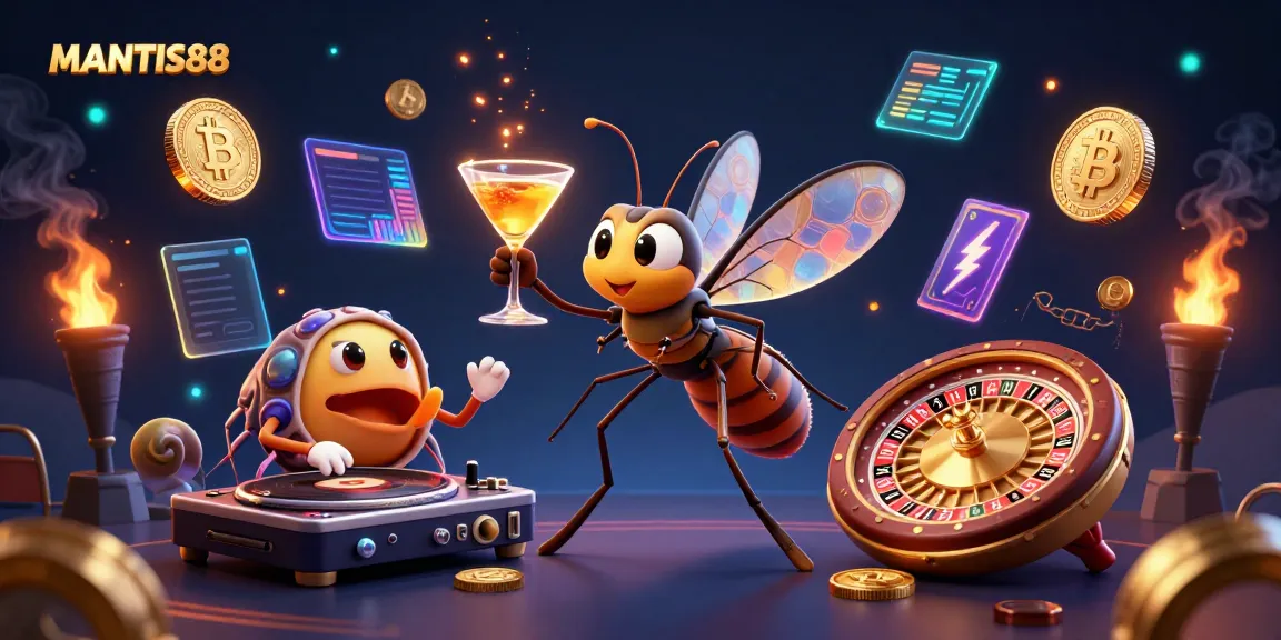 MANTIS88 engages players with vibrant casino scenes featuring a frozen mosquito mascot and a trilobite DJ.