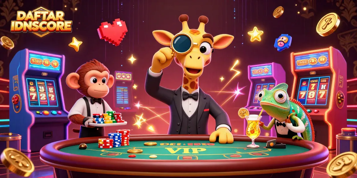 Experience the thrill of DAFTAR IDNSCORE in a vibrant casino scene with cartoon characters and gaming elements.