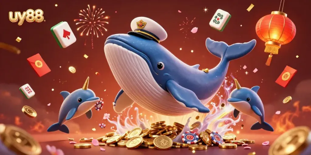 Experience the excitement of uy88 with a vibrant scene of a whale, narwhal, and dolphins among festive casino elements.