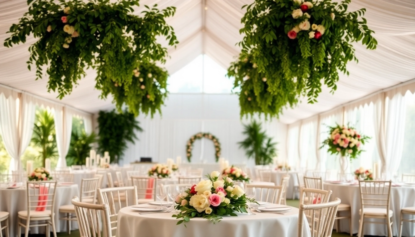 Stylish Wedding Tent Chair & Table Rentals showcasing a romantic outdoor setup with floral decor.
