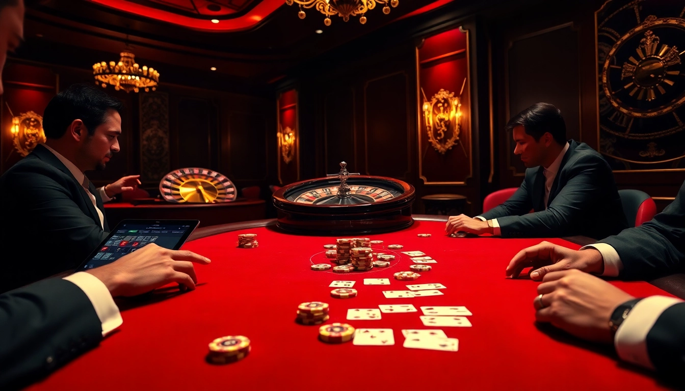 F168 poker players strategizing in a glamorous casino setting with impressive chips and cards.