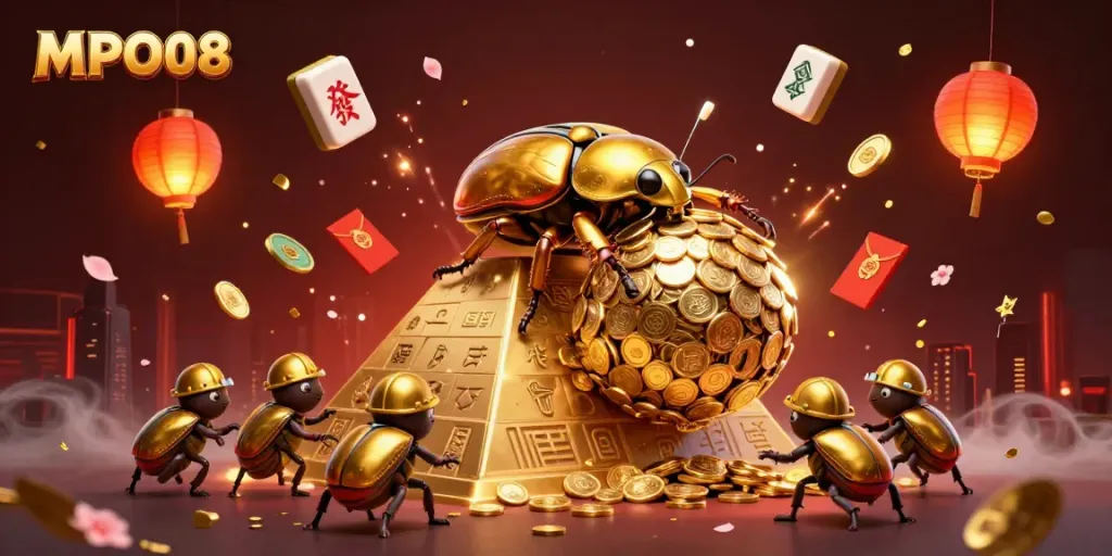 Experience thrilling MPO08 gameplay with vibrant casino-themed artwork featuring golden beetles.