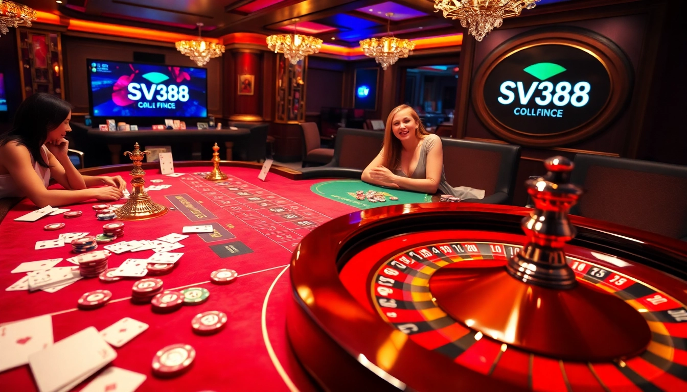 Players enjoying a thrilling game at SV388 casino table, showcasing excitement and strategy.