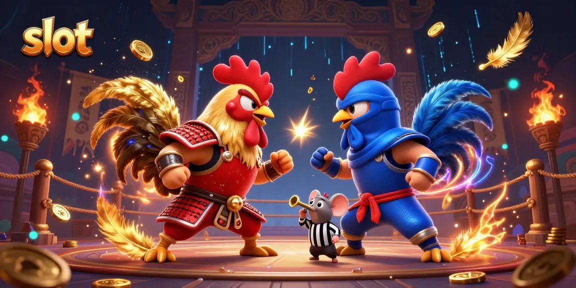 Settle in for big wins as twin roosters duel in a thrilling slot showdown amidst flying golden feathers.
