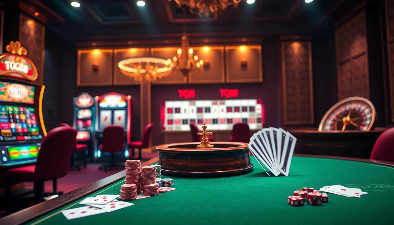 Tg88 gaming atmosphere featuring elegant casino tables, vibrant slot machines, and poker chips.