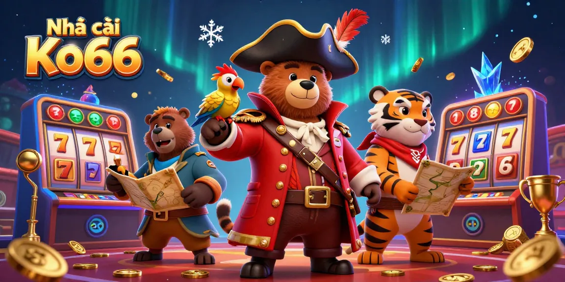 Engage with Nhà cái Ko66 in a vibrant online casino illustration featuring adventurous characters and dynamic gaming elements.