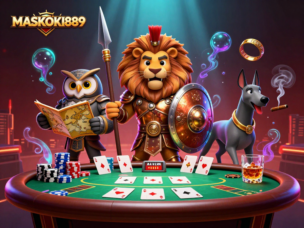 Engage in thrilling poker action with MASKOKI889 and a heroic Spartan lion in the casino.
