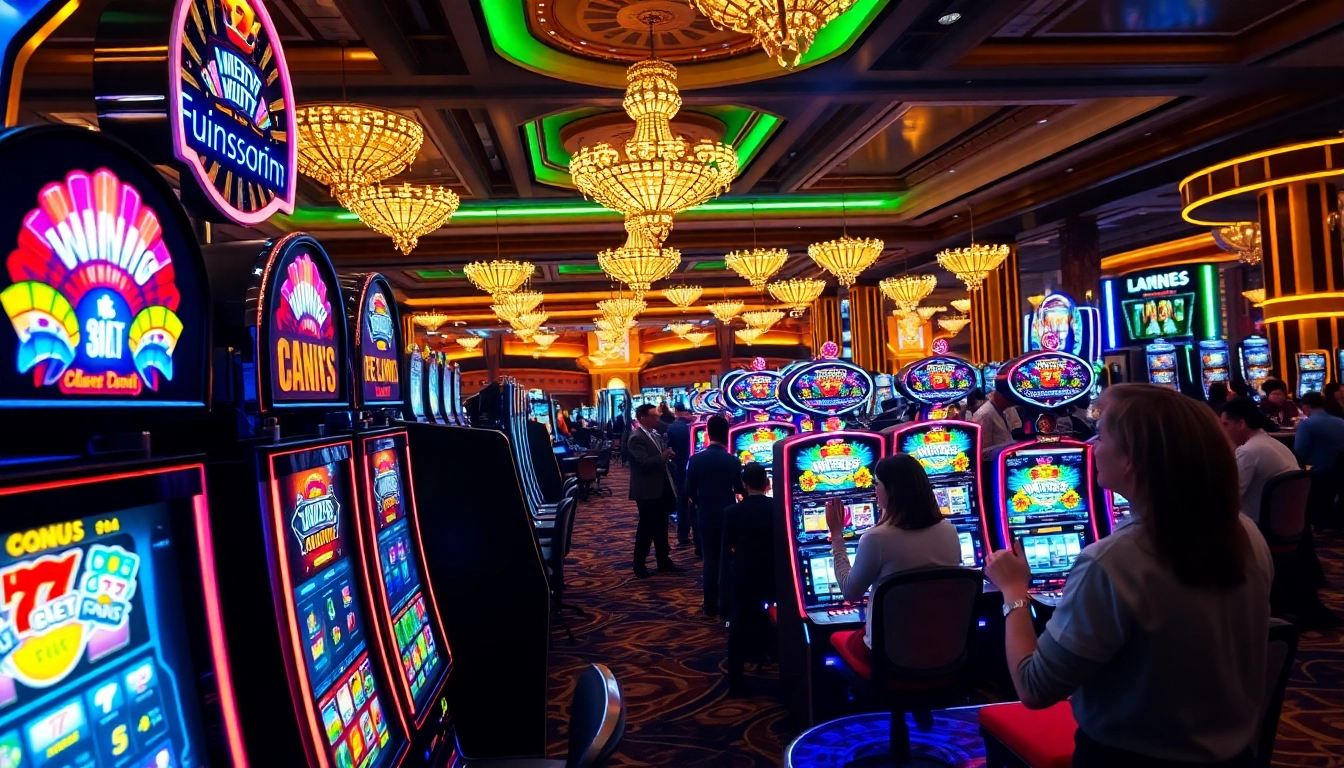 Slot gacor pada mesin permainan kasino yang dipenuhi cahaya dan keramaian pemain