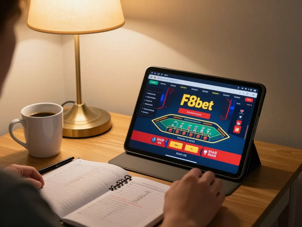Engaging in F8bet online baccarat gameplay on a tablet at home, showcasing a cozy gaming atmosphere.