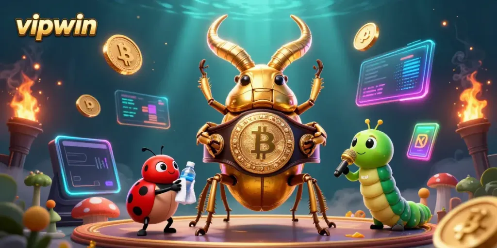 Experience the excitement of vipwin with a boxing beetle illustration that captures the thrill of online gambling.