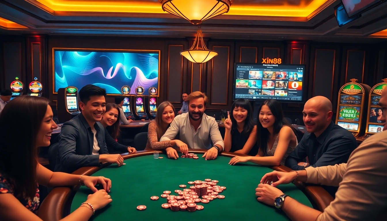 Engaging gameplay at xin88 casino, featuring players immersed in poker strategy with vibrant casino elements.