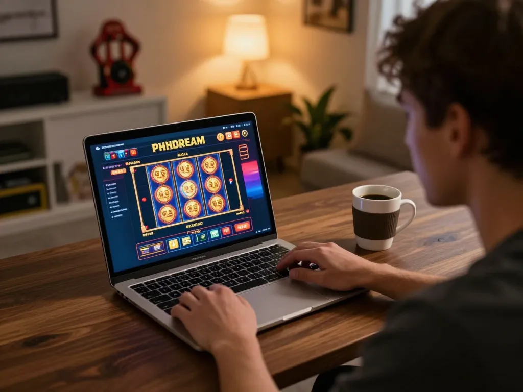 PHDREAM GCash user engaging with slot games on a sleek laptop, creating a competitive home gaming atmosphere.