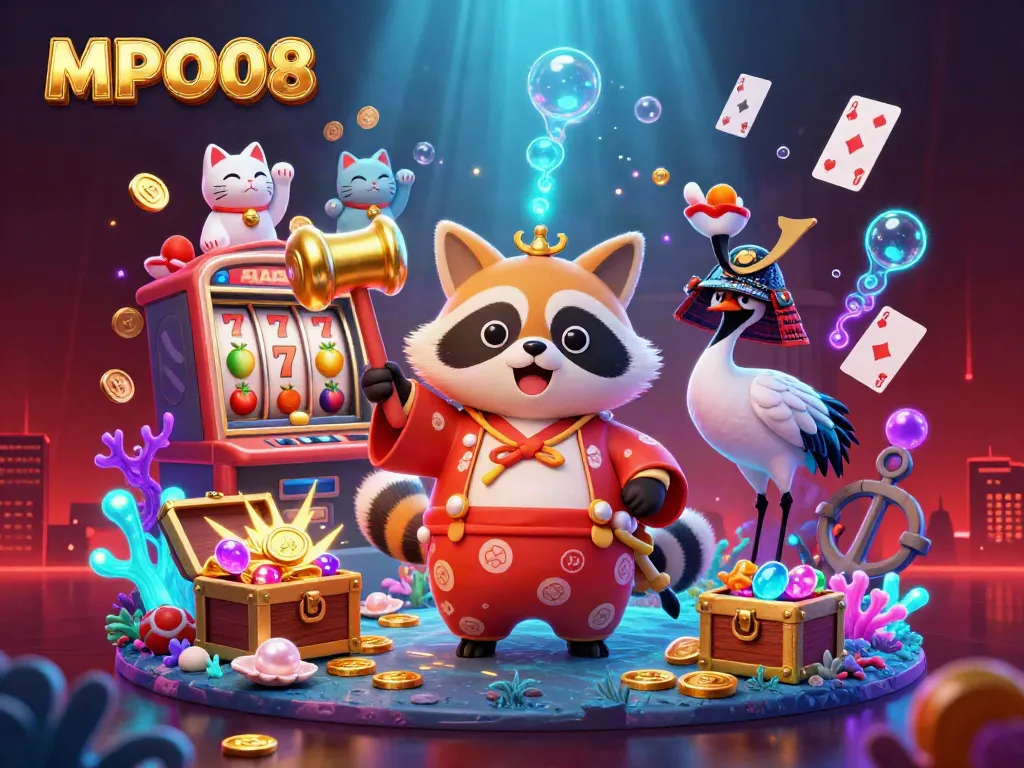 Join the excitement of MPO08 with a 3D tanuki character and colorful game elements in this dynamic casino scene.