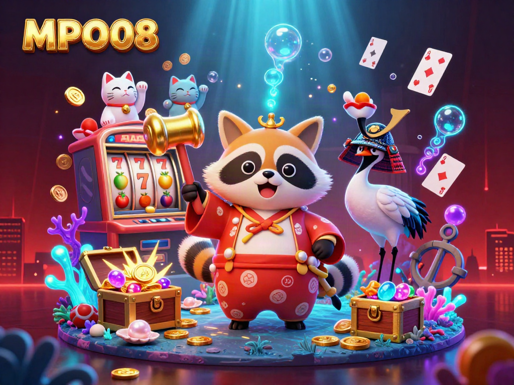 Join the excitement of MPO08 with a 3D tanuki character and colorful game elements in this dynamic casino scene.