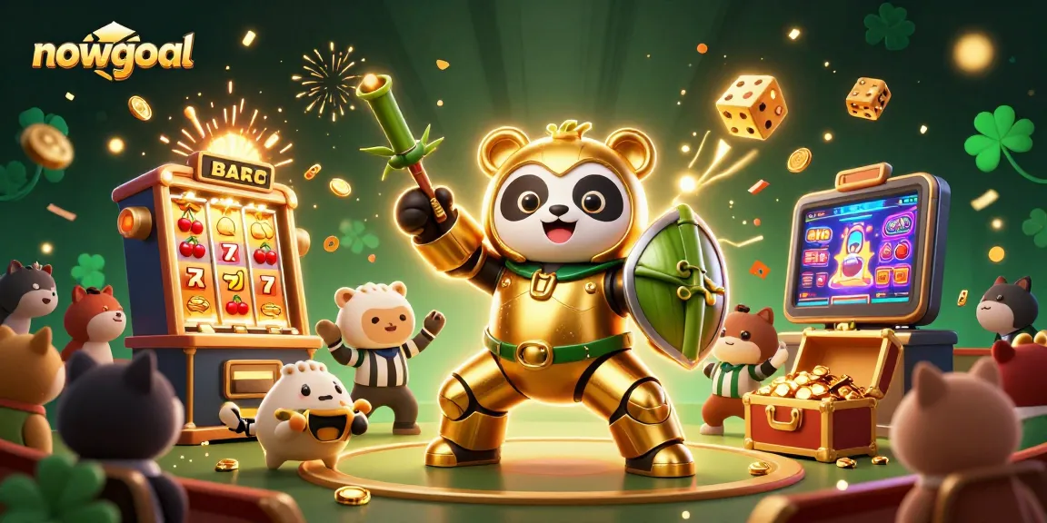 Engage with nowgoal's dynamic casino scene featuring a golden panda mech battling amid jackpots and slot machine excitement.