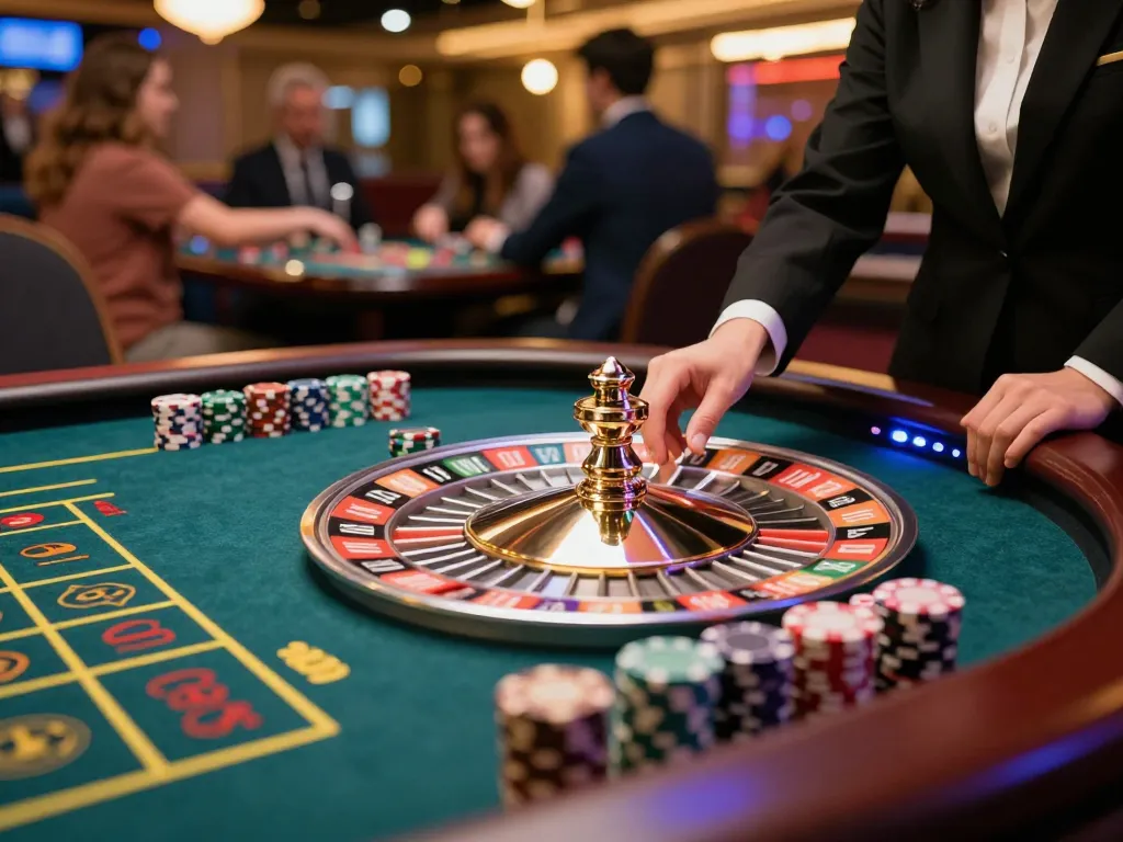 79king participant placing a bet on an exciting roulette table in a bustling casino.