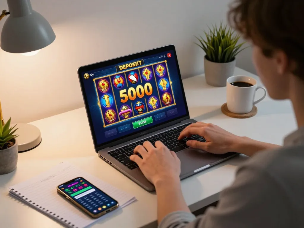 Engaged player using a laptop for slot deposit 5000 gaming in a cozy home workspace.
