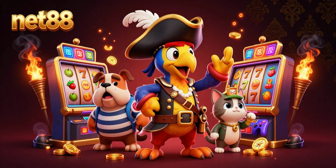 Experience thrilling slots action with net88 illustrated in a vibrant 3D scene featuring pirate characters and slot machines.