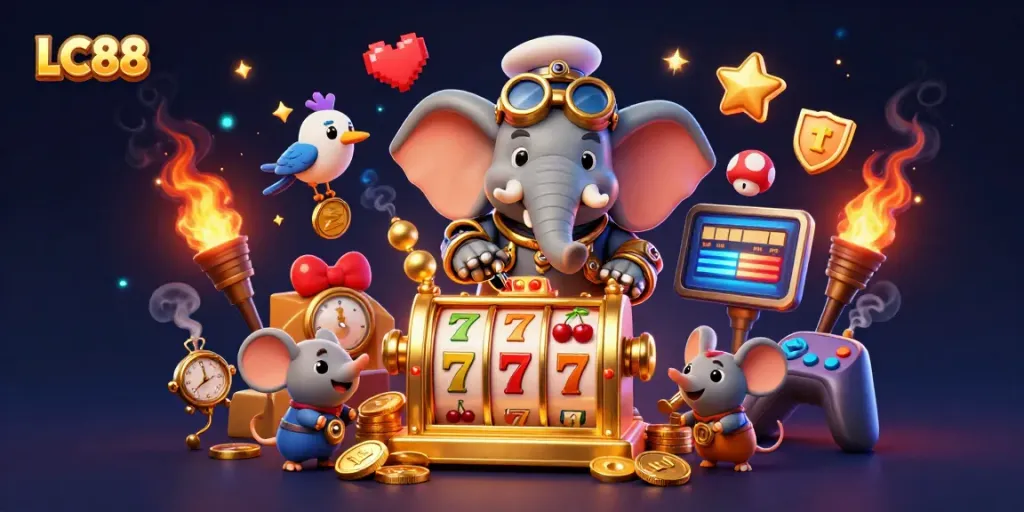 Play exciting slots with LC88 as a steampunk elephant engineer spins a golden machine amidst vibrant 3D elements.