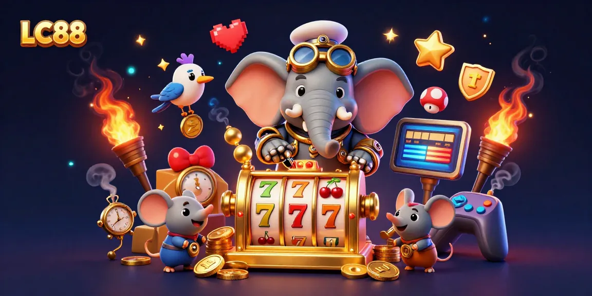 Play exciting slots with LC88 as a steampunk elephant engineer spins a golden machine amidst vibrant 3D elements.