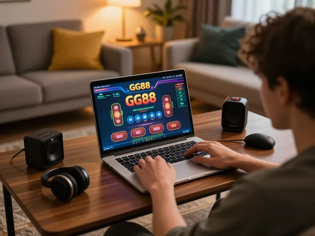 Engaged player using GG88 online casino on laptop, cozy home setting