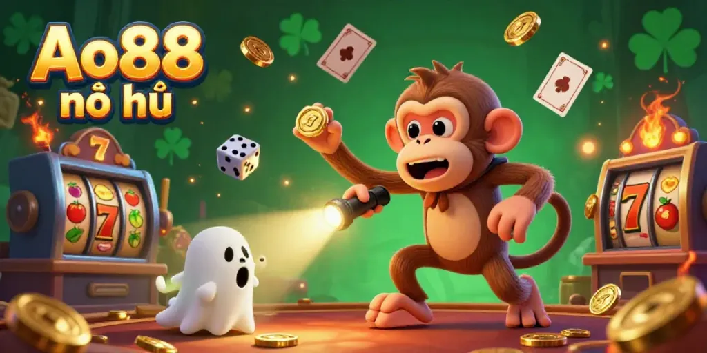 Engage in thrilling action with Ao88 nổ hũ as a mischievous poltergeist monkey juggles golden elements in a dynamic haunted casino.