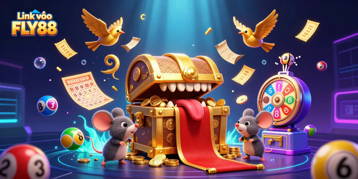 Engage in thrilling gameplay with Link vào FLY88, showcasing a treasure chest and lottery elements.