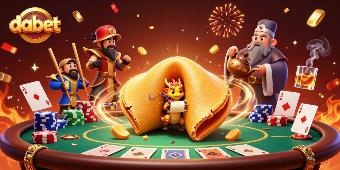 Dabet's thrilling poker scene showcases a golden fortune cookie, dragon, and magical elements.