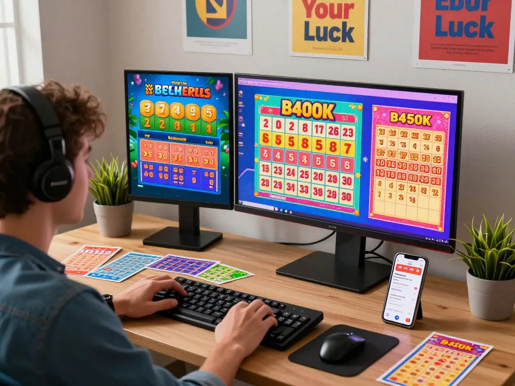 Engaging scene showcasing a player immersed in xổ số hubet88 lottery games with vibrant digital displays and colorful tickets.