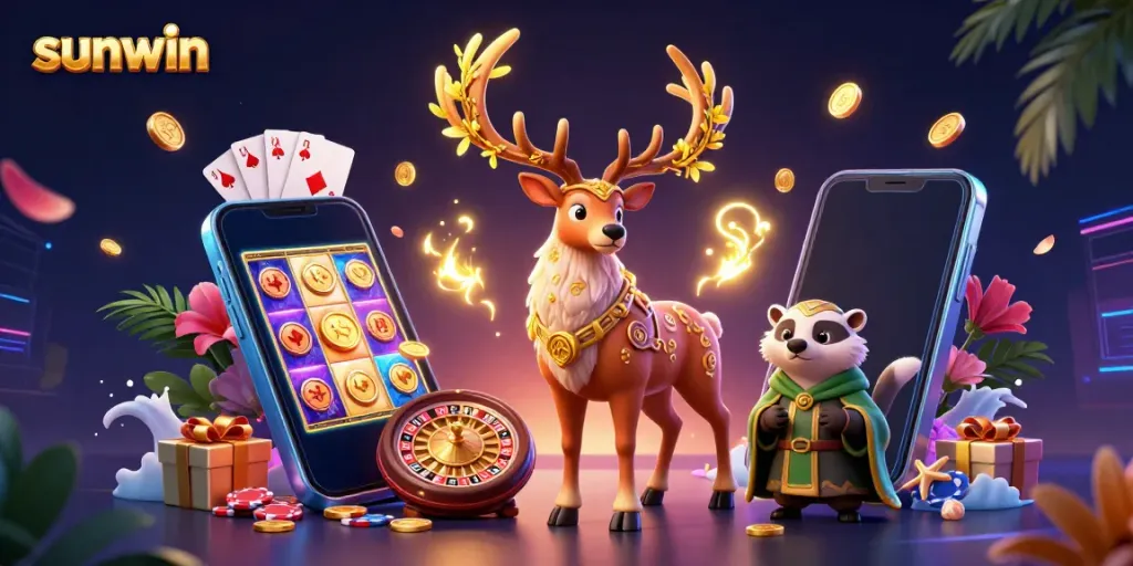 Experience the thrill of winning at Sunwin with vibrant casino elements and magical characters.