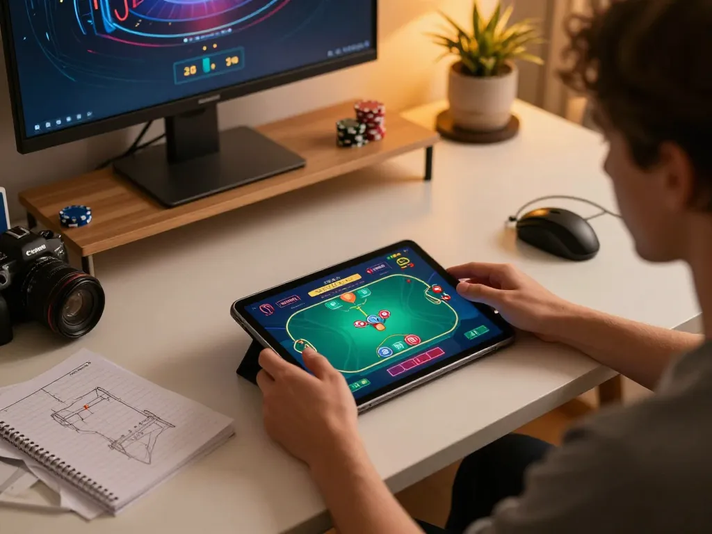 Engaging in online gambling at https://www.mnm88.com/ with poker on tablet, cozy home office setup