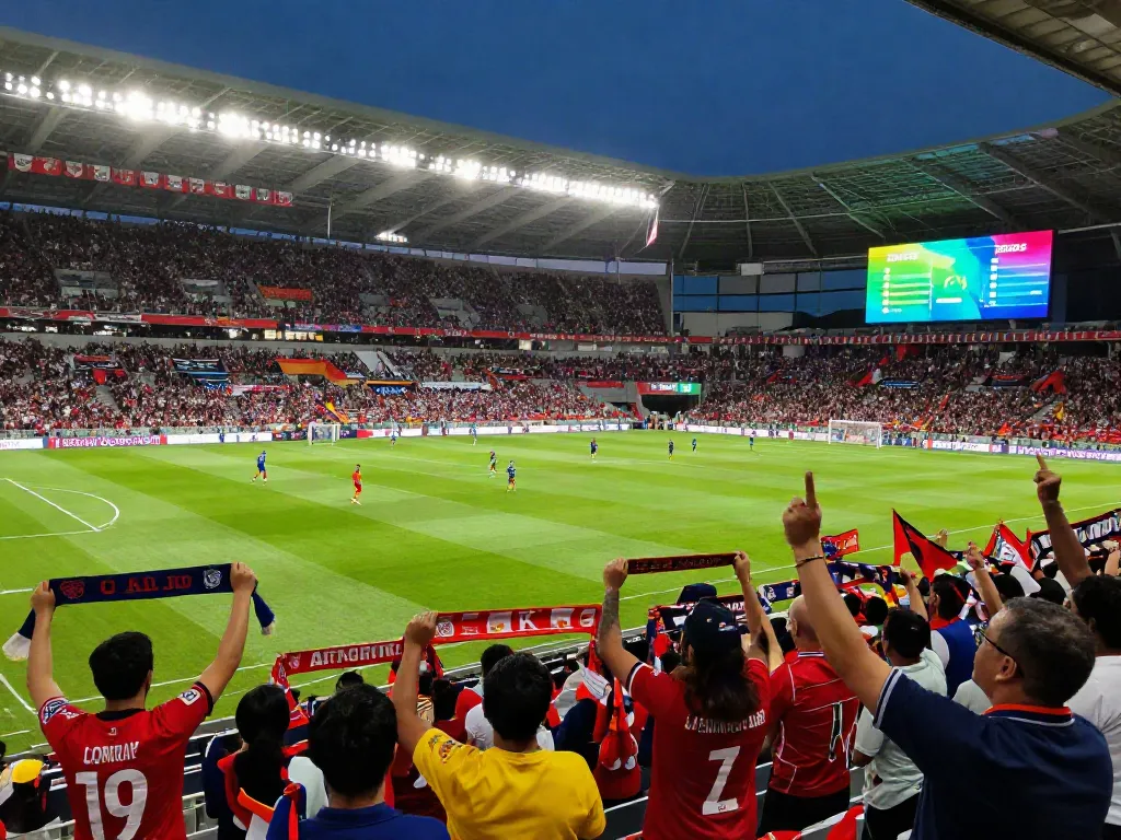 Exciting live match atmosphere at Socolive's featured football stadium with cheering fans and vibrant displays.