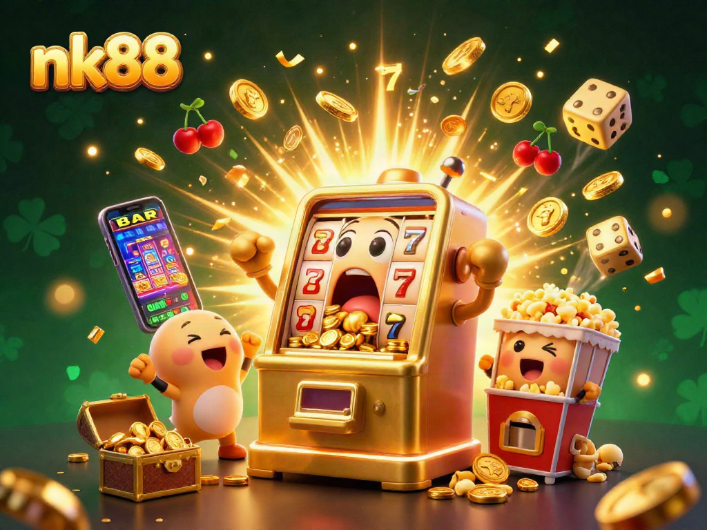 Experience nk88's exciting jackpot with a lively slot machine scene featuring cheerful characters and vibrant casino elements.