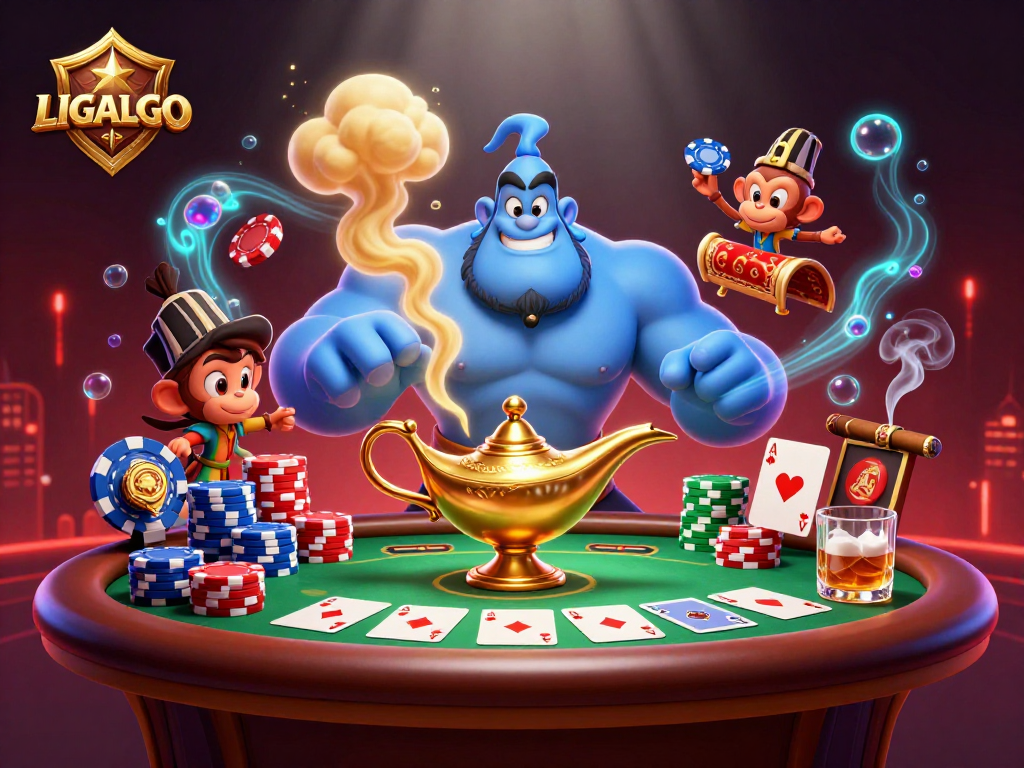 LIGALGO showcases an engaging scene with a genie, monkey, and poker chips, enhancing your gaming experience.