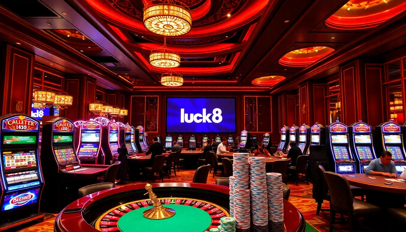 Engaging scene of luck8 casino with roulette tables, poker chips, and enthusiastic players.