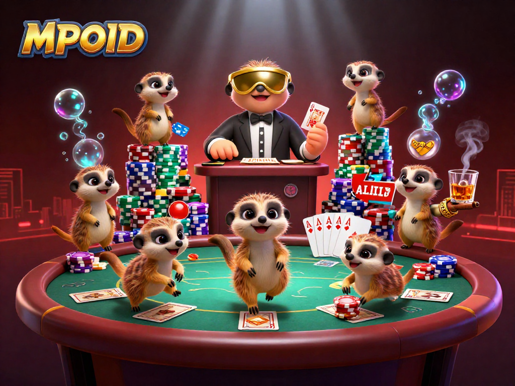 MPOID captivates players with an engaging meerkat casino scene featuring card dealers and poker elements.