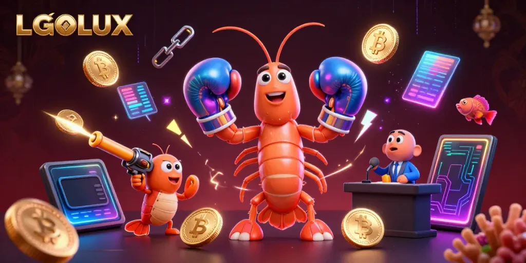Engage with LGOLUX's vibrant casino gaming scene featuring dynamic characters and crypto elements.