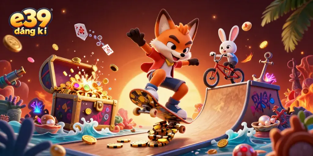 Enjoy the excitement of e39 đăng ký with a dynamic 3D scene of a skateboarder fox and BMX rabbit in a colorful casino environment.