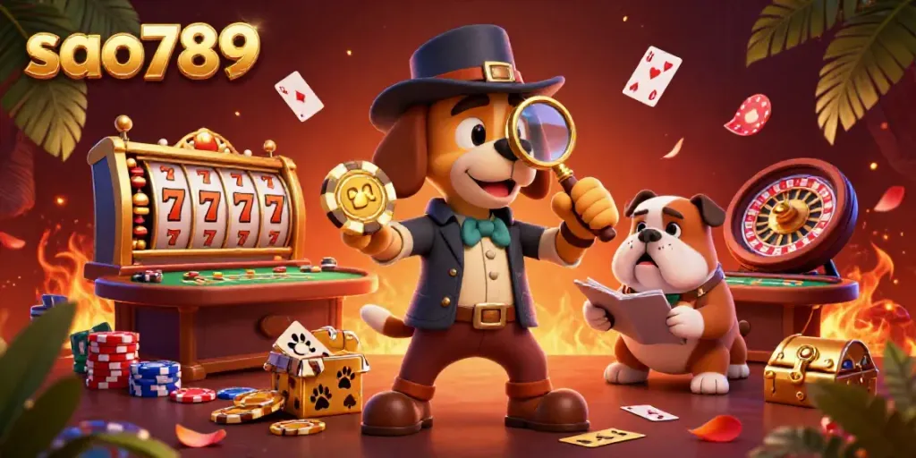 Experience thrilling moments at sao789 with a 3D cartoon detective uncovering poker clues amidst vibrant casino excitement.