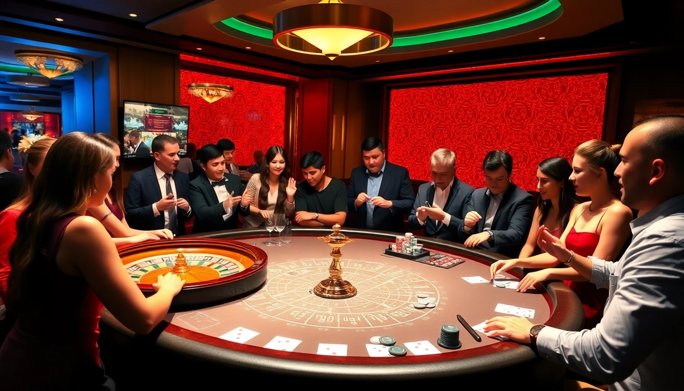 Players enjoying an exciting gambling experience at FB88 casino, surrounded by roulette wheels and poker chips.