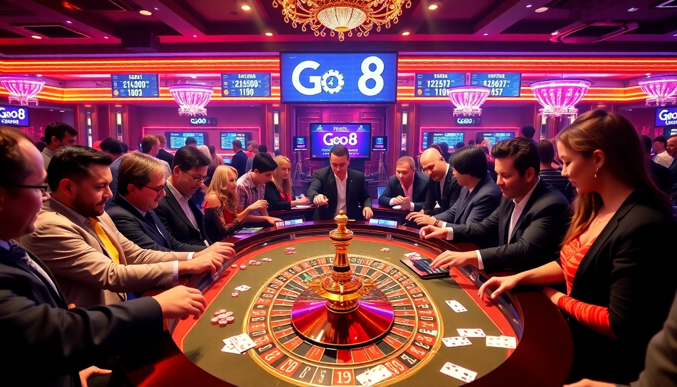 Croupier spinning a Go8 roulette wheel as excited players place bets in a luxurious casino atmosphere.
