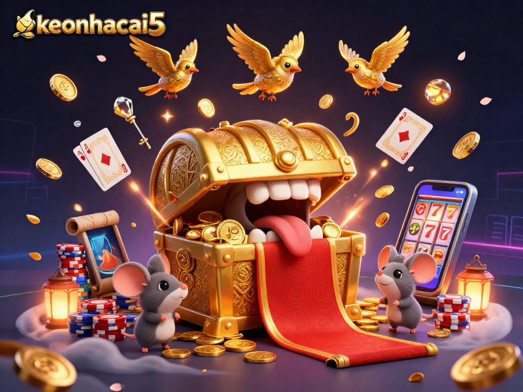 Experience winnings with keonhacai5's vibrant treasure chest scene, filled with golden coins and cards.