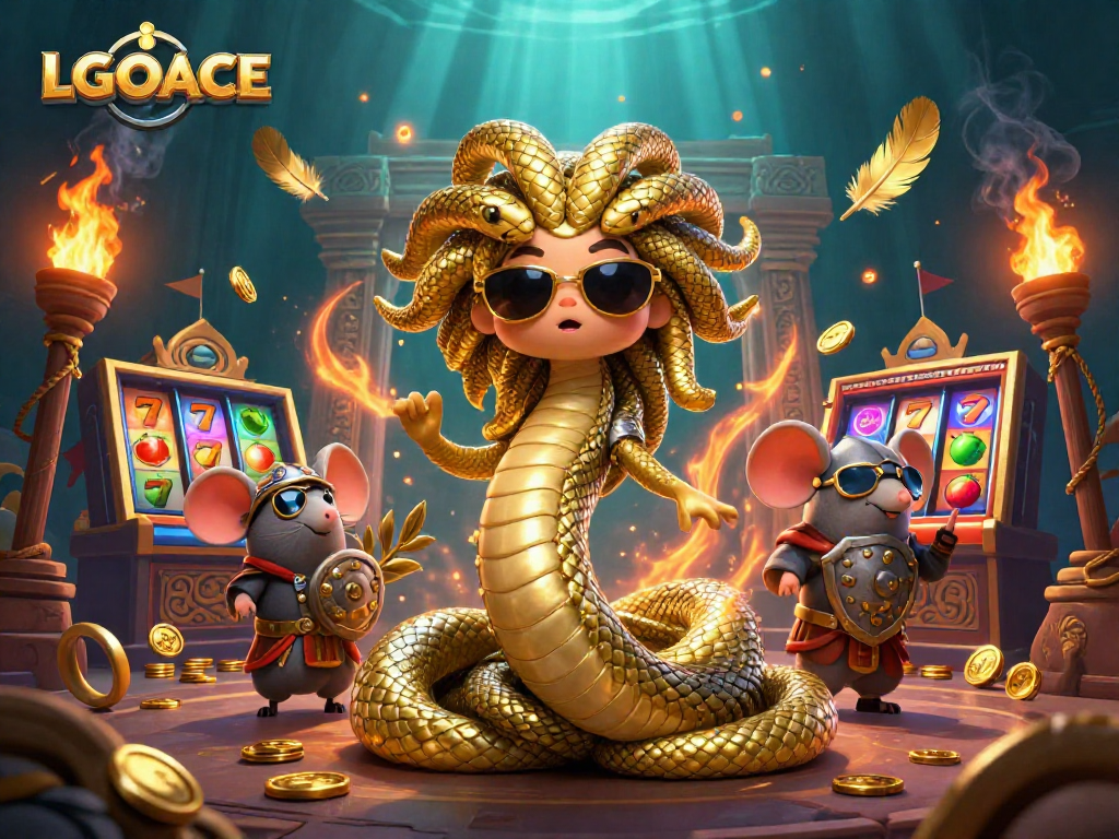 LGOACE offers a lively 3D illustration showcasing Medusa and a warrior mouse in a vibrant casino scene.