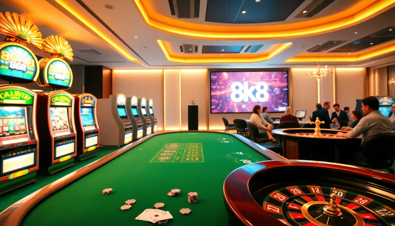 8k8 players engaging in luxury online casino games, featuring vibrant slots and poker.