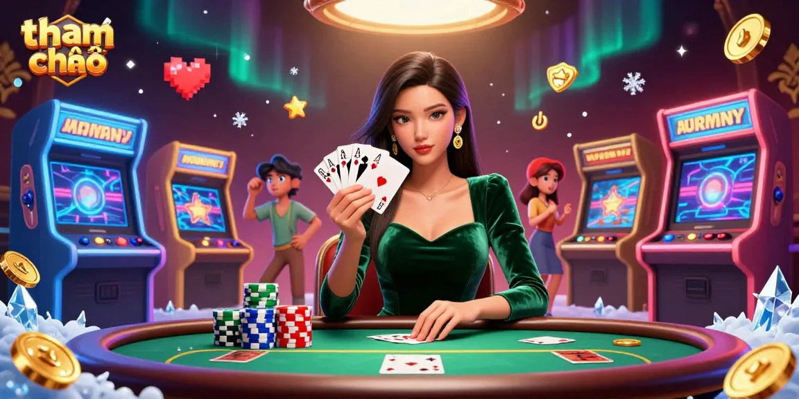 Experience strategic gaming action at "tham khảo thêm" with a stunning Asian dealer at the poker table.