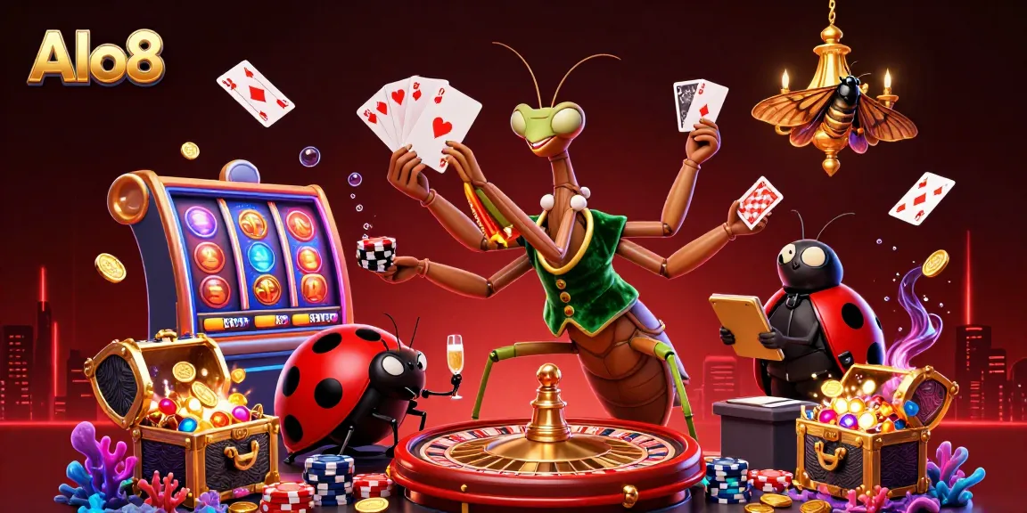 Alo8 showcases a vibrant 3D scene of a praying mantis dealer at an online casino, featuring lively gaming elements.