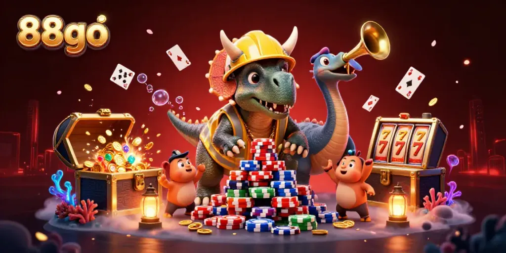 Cheerful 88go characters playfully build poker chips amidst vibrant casino symbols and underwater treasures.