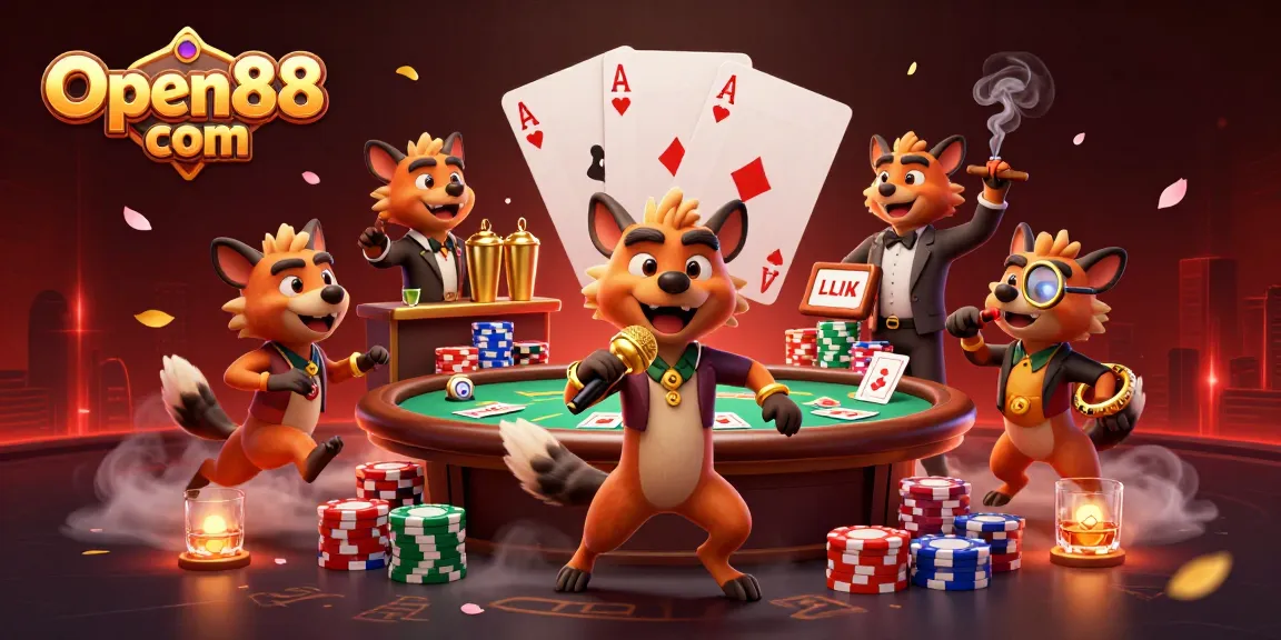 Join the fun at Open88 com with casino hyenas mixing drinks and telling jokes in a vibrant casino.